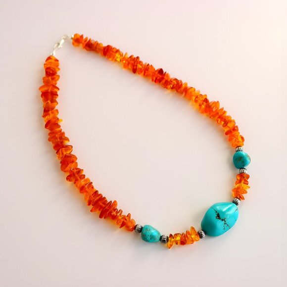 Baltic Amber & Turquoise Necklace With Sterling Silver Navajo Beads - Picture 3 of 5